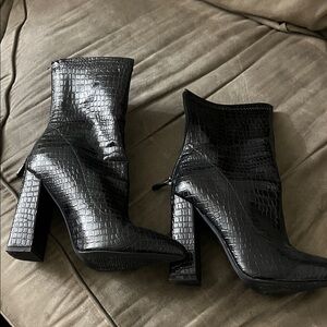 Black Croc-Embossed Ankle Boots